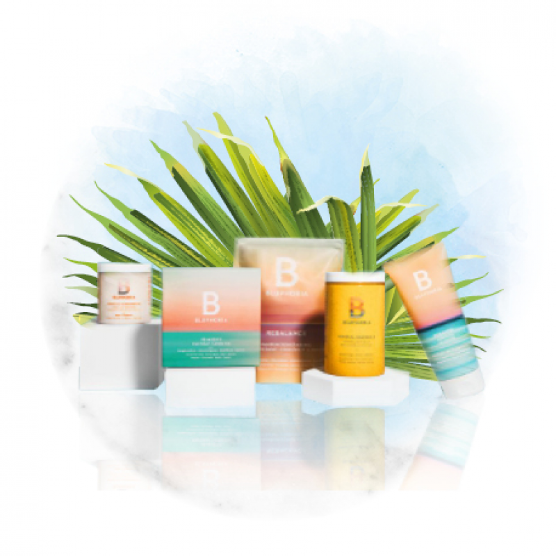 BLUPHORIA produits produits bluphoria alignés sur fond bleu
