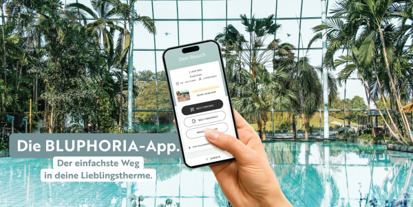 Grafik mit einem Smartphone und der Aufschrift "BLUPHORIA - Deine Wellbeing-App - Der einfachste Weg in deine Lieblingstherme"