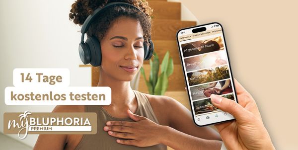 Eine Frau meditiert mit der MyBLUPHORIA Premium Mitgliedschaft, 14 Tage kostenlos testen