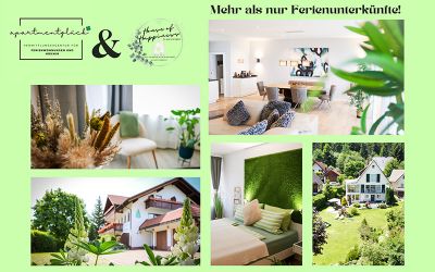 Bildcollage mit verschiedenen Bildausschnitten von Ferienunterkünften 