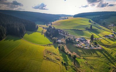 Vue aérienne du terrain du « Wilder Michel », entouré de forêts et de prairies