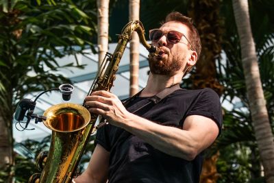 Musiker mit Saxophon vor Palmen