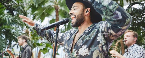 Drei Musiker auf einer Bühne unter Palmen