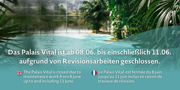 Grafik mit der Aufschrift Das Palais Vital ist ab dem 08.06. bis einschleßlich 11.06. aufgrund Revisionsarbeiten geschlossen.