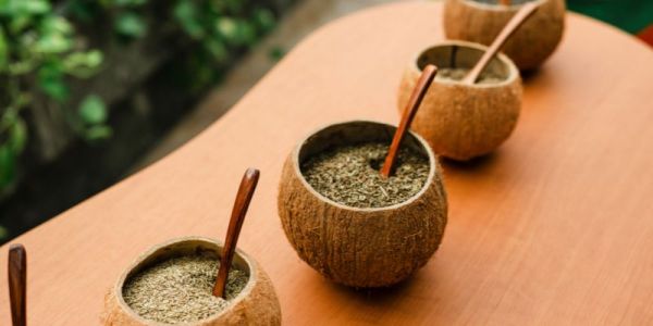 Des herbes dans des coupelles sur une table