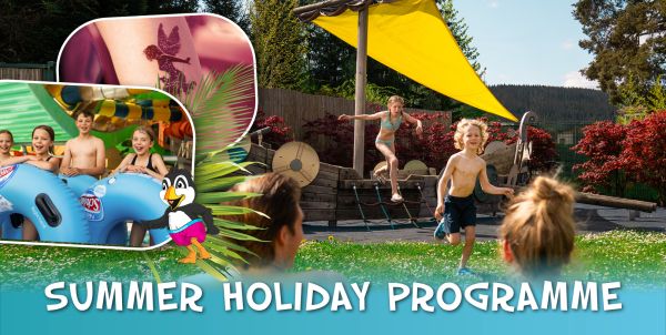 Children playing and glitter tattoos, “Summer Vacation Program”