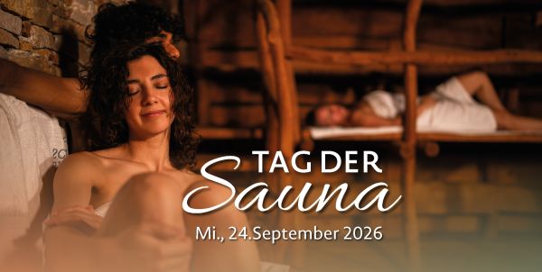 Frau in der Sauna Text "Tag der Sauna, Do. 24. September"