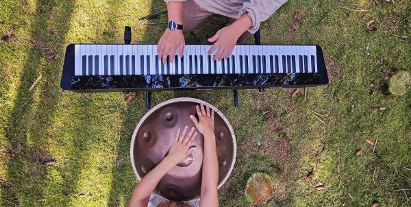 Handpan und Keyboard auf dem Rasen