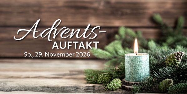 Schirftzug "Adventsauftakt 29. November", Bild von einer Kerze und Adventskranz